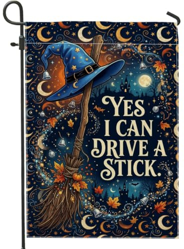 Drapeau de jardin à balai, chapeau de sorcière saisonnier fantaisie, citrouilles, bleu en toile de jute double face, drapeaux décoratifs pour extérieur, porche, pelouse, terrasse, 30,5 x 45,7 cm