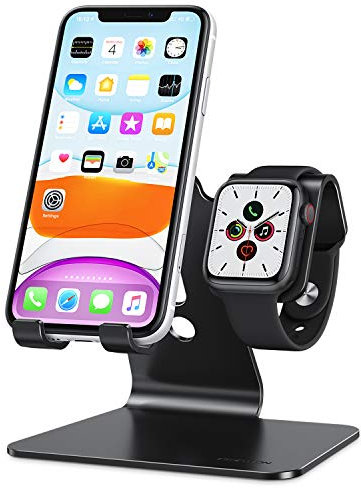 OMOTON 2 in 1 Phone and Watch Stand, Desktop Stand Holder (NOT Include Charger) Compatible with All iPhone 15 14 13 12 and for Apple Watch Series 9/8/SE2/7/6/SE/5/4/3/2 (Both 45/44/42/41/38mm)-Black