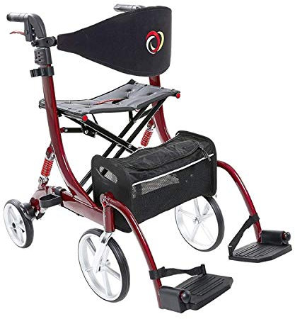 Besco Medical 2 in 1 Rollator-Rollstuhl SPRING VARIO - Leichtgewicht Rollator mit Rollstuhlfunktion & Komfort-Federung - faltbar, höhenverstellbar & umbaubar zum Transportstuhl - Modell S Bordeauxrot