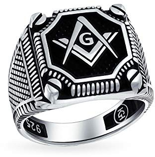 Herren Großer Statement Solider Kompass Freimaurer Masonic Ring .925 Sterling Silber Drei-Ton Schwarz Gold Einlage