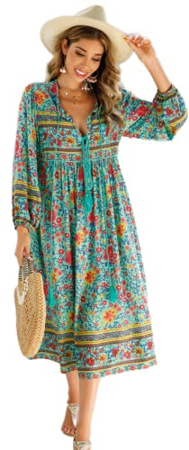 R.Vivimos Donne Eleganti Casual Bohemian Print Neck Tie Maniche Lunghe Abito da Spiaggia Lungo Midi Vestito Vacanze(M,Verde)