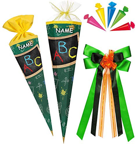alles-meine.de GmbH Set Schultüte + 5 kleine Zuckertüten - Schultafel/Tafel - Buchstaben ABC - 22-50 cm - Größe wählbar - rund - incl. Name und große Schleife - Tüllabschlu..