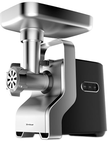 Trisa Vario Grinder Fleischwolf 1360W, 3 Lochscheiben, REV, Wurstfüller | Kebbe-Aufsatz, Edelstahl-Einfüllschale, Rücklauffunktion Gegen Blockaden, Frisches Hackfleisch, Burger-Patties, Tatar