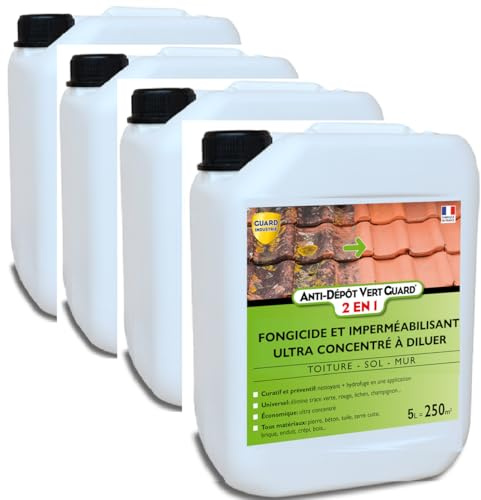 GUARD INDUSTRIE - Anti Dépôt Vert Guard 2 en 1 - Imperméabilisant Fongicide Invisible, Hydrofuge, Anti Champignon, Lichen, Algue - Tous Matériaux - Fabrication Française 20L- jusqu'à 1000m²- 4 X 5 L