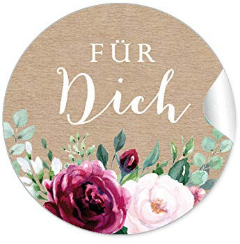 48 STICKER: Für Dich Etiketten für ihr Gastgeschenk • BOHO KRAFTPAPIER OPTIK BLÜTEN ROSEN GRÜN ROT ROSA BRAUN • Danksagung für Geschenktüten oder Briefe Geschenke zur Hochzeit Geburtstag Taufe