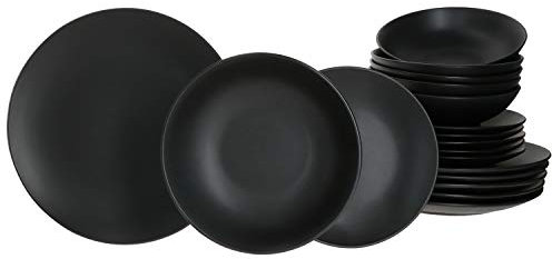 MamboCat Lampart Nero - Set di piatti fondi da 18 pezzi, per 6 persone, in stile etnico moderno, in gres nero opaco