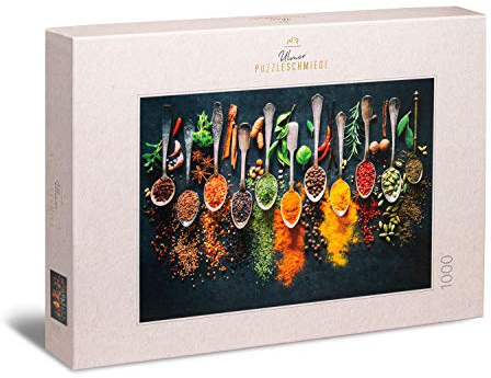 Ulmer Puzzleschmiede - Puzzle „Scharfe Farben“ – Klassisches 1000 Teile Premium-Puzzle Made in Germany - Puzzlemotiv Küche Kräuter & Gewürze