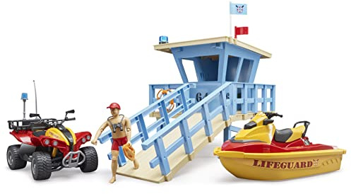 bruder 62780 - Bworld Life Guard Station mit Quad & Personal Water Craft - 1:16 Rettungsschwimmerin Rettungsstation Bademeister Fahrzeug Spielzeug Themenset