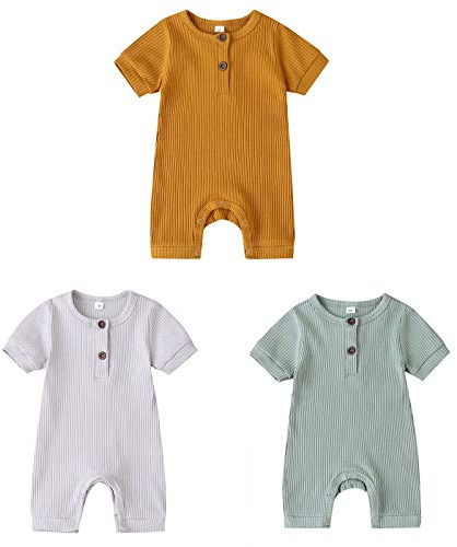 amropi Bébé Filles Lot de 3 Grenouillères Coton Barboteuse Manches Courtes Bodys Combinaison 9-12 Mois,Jaune/Blanc/Bleu