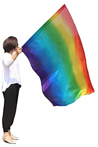 Winged Sirenny Leichte Seidenfahne mit Flexiblem Stab – Handbemalte Fließende Anbetungsflagge für Tanz, Bewegungskunst, Kirchenanbetung, Festivals & Bühnenshows, 1 Stück 89x130 cm (Regenbogen)