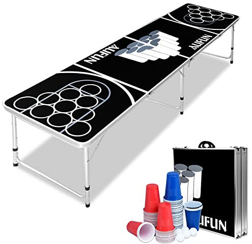 YRHome Beer Pong Tisch Set inkl. 100 Becher 50 Rot & 50 Blau, 5 Bälle, Premium Höhenverstellbar Bierpong-Tisch aus Aluminium und MDF, Classic Party Spiel, Schwarz