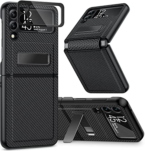 Caka Compatible for Galaxy Z Flip 3 5G Kickstand Case, Z Flip 3 Case with Camera Protector Hinge Protection Wireless Charging Cover for Samsung Galaxy Z Flip 3 (Carbon Fiber Black)