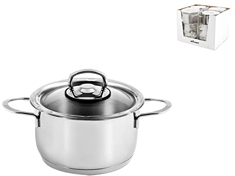 INOXPRAN Casserole Haute 2 poignées Inoxmini, Acier/INOX, 18/10 E Aluminium/Verre, 18 cm, Standard, Medium