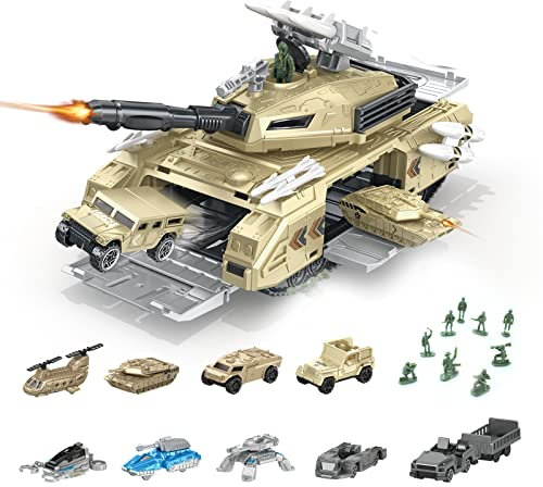 RedCrab Chars Militaire Jouet Set, Tank Transport Militaire Véhicule avec 9 Véhicules Militaires et 9 Petits Soldats -Tourelle Rotative et Lance-roquettes Simulés, Cadeau pour Enfants de 3 Ans