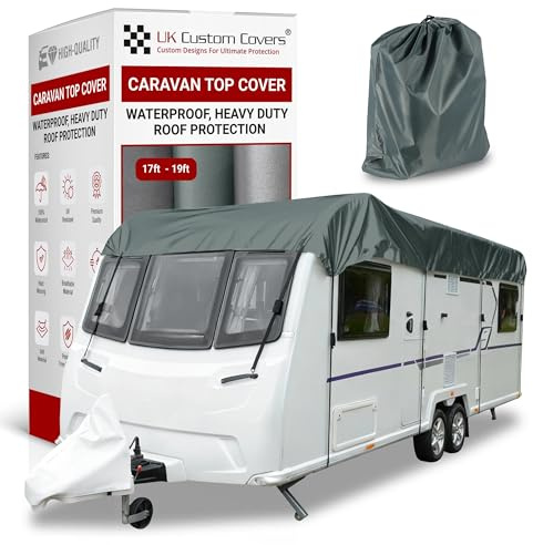 Caravan Roof Cover - Roof Protector With Adjustable Straps, Hooks & Storage Bag, Heavy-Duty, Waterproof, UV-Resistant Breathable 150D for All-Weather Use by UK Custom Covers (17–19ft, Grey)