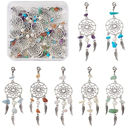 KISSITTY 28pcs Natural Gemstone Dream Catchers Net with Wing Hanging Ornament Pendant Decoration with Natural Cultured Freshwater Pearl Beads 7 Style Dangle Charms for Home Party Gift Decor
