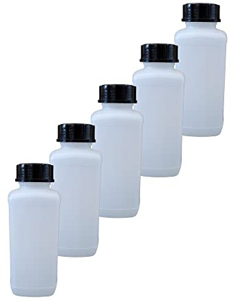 kanister-vertrieb® 5er Set: 1000 ml Laborflasche Vierkantflasche Weithalsflasche lebensmittelecht mit Schraubverschluss