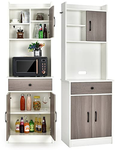 Giantex Armadio da Cucina Alto 180 cm, Credenza Alta da Cucina Multiuso, Mobile Buffet con Cassetto e Ripiani Regolabili, Mobiletto Cucina Salvaspazio Credenza, 60x40x180 cm, 2 Colori (Bianco)