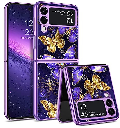 YINLAI for Samsung Galaxy Z Flip3 Case Glow in Dark Purple Butterfly | Patterned Phone Case TPU Bumper PC Shell Scratch-Resistant Cover [Military-Grade] Shockproof Protective