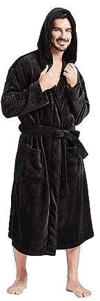 FashGudim Mens Hooded Robe Plush Shawl Collar Kimono Bathrobe Soft Warm Flannel Fleece Spa Robes House Coat Pajamas