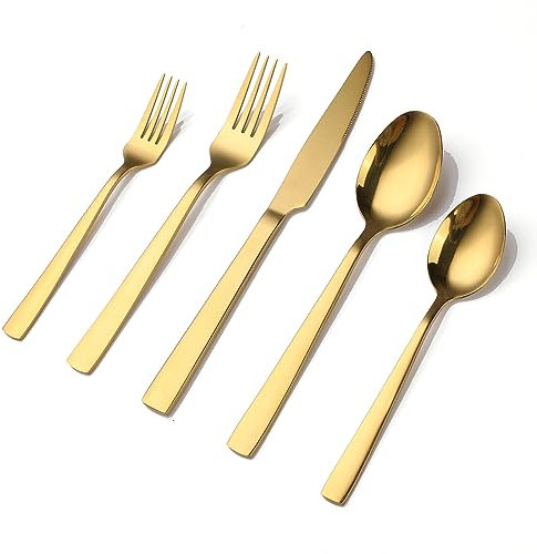 OGORI Besteck Set 6 Personen, 30 teilig Spiegelpolierte Gold Besteckset 18/10 Edelstahl Essbesteck Set mit Messer Gabel Löffel für Home/Party/Restaurant（Griff quadratisch）