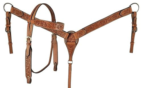Western Saddle Horse Bridle Bridle Chest Collar Tack Set Leather Flowers Tooled Handmade Breastplate ME-HBC-167F Full Size