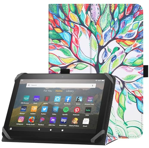 HoYiXi Universelle Hülle für 7-8 Zoll Tablette Fire HD 8 2020/2022 & Fire HD 8 Plus 2020/2022 mit Ständer Folio und Handschlaufe Schutzhülle für 7-8 Samsung Lenovo Android Tablette - Baum