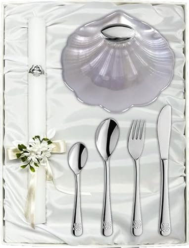 Estuche de Bautizo de Vela con Lazo, 4 Cubiertos Infantiles y Concha Bautismal de Cristal Nacar. Con apliques Laminados en Plata de Ley 925‰ y Personalizado. (09666-N)