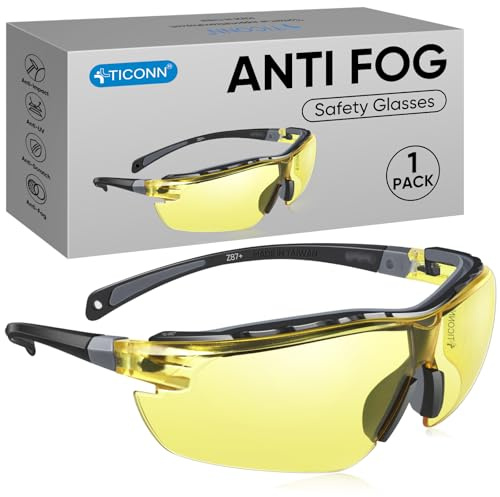 TICONN Anti-Fog Safety Glasses for Men and Women, ANSI Z87.1 Scratch Proof Eye Goggles with Adjustable Arms and UV Protection (Yellow, 1PK)