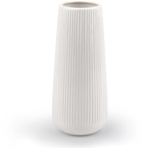 Keramische Vase, weiß, dekorativ, modern, mit Rillen für Blumen und Pampasgras, kleines Format für Haus, Wohnzimmer, Esstisch, Eingangsbereich, Büro