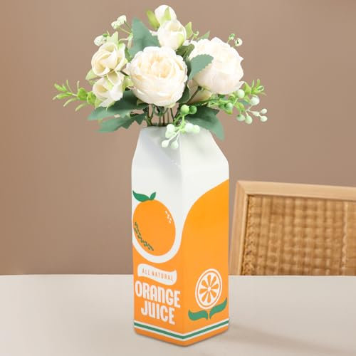 Fyeme Jarrón de jugo de naranja vintage con caja de jugo y dulce, decoración creativa, jarrón de cerámica, multiusos, jarrón decorativo para salón, cocina, flores (zumo de naranja)
