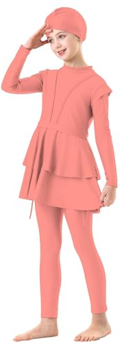 Kinder Baby Mädchen Muslimischen Badeanzug Islamischen Ganzkörper Full Cover Langarm Top Hose Burkini Set Schwimmanzug 3-teilig Einfarbig Bademode Rock mit Mütze Teenager (Watermelon Red, 11-12 Years)