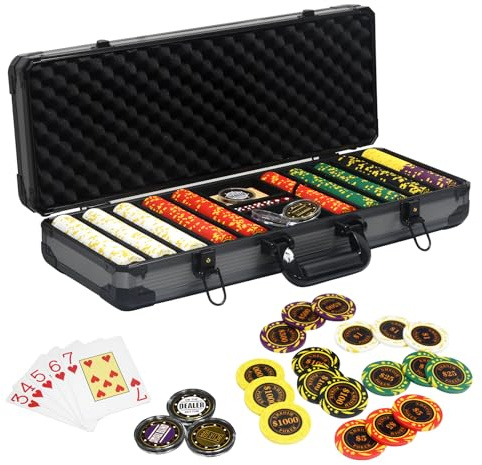 Nmroim 13.5 Gram Clay Poker Chip Set Texas Hold'em Casino Chips 2 Decks of Cards, Aluminum Case Dealer Buttons, for Blackjack Poker Games (500 PCE)