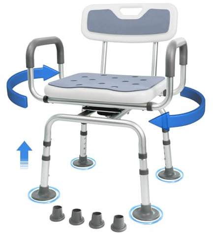 Duschstuhl mit Armlehnen, Drehbarer Duschhocker, Duschhocker für Senioren, Höhenverstellbarer Badewannensitz, Duschsitz, Badhocker für Erwachsene, Badewannendrehsitz, Badestuhl (Grau, Large)