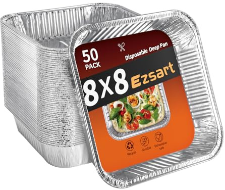 Ezsart Aluminum Pans 8x8-50 Pack Disposable Baking Pans, 8 Inch Square Tin Foil Pans, Aluminum Roasting Trays for Holiday Cooking, Heating and Baking, Christmas, Parties Meal Prep & Storage