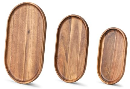 Set of 3 Wooden Tray Serving Platters Acacia Wood Serving Trays Home Decor Cheese Board Cake Plates Serving Dishes for Entertaining Kitchen Charcuterie Platter for Food Dish Dessert Snack Tray
