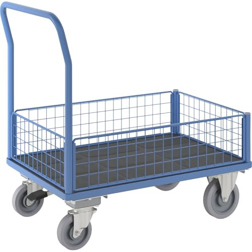 eurokraft | Plattformwagen | 4 Halbhohe Gitterwände | mit Zentralstopp | LxB 1100 x 700 mm