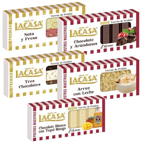 Surtido Turrones Lacasa: 5 tabletas de turrón variadas: Chocolate y almendra, Arroz con leche, Chocolate y arándanos, Chocolate y café y Nata y fresa
