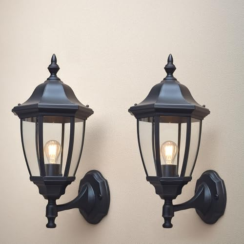 EBION Outdoor Wall Lights, E27 Outside Wall Lights Mains Powered,2 Pack | IP44 Outdoor Wall Lantern,Traditional Black Exterior Wall Sconce with Clear Shade,for Garden Porch Patio,(Bulb Not Included)