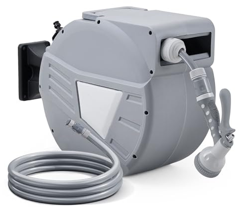 Warmiehomy Wall Mounted Garden Hose Reel 20+2M, Hose Pipe Reel with 10 Function Sprayer Nozzle for Plant Water/Pet Shower/Car Wash, Hose Pipe Reel with 180°Swivel Bracket & Auto Rewind System Design
