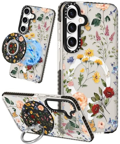 Kokaade for Samsung Galaxy S25 Case for Women Girls - Cute Kawaii Compatible with Magsafe for Magnetic Ring Holder Stand Retro Flower Design Phone Cover Girly TPU Case for Galaxy S25