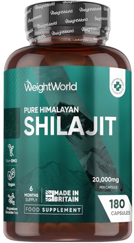Shilajit Puro del Himalaya 20000mg, 180 Cápsulas Veganas, 6 Meses de Suministro - Extracto de Shilajit 40:1, Apto para Veganos, 1 Cápsula al Día, Sin Estearato de Magnesio ni OGM