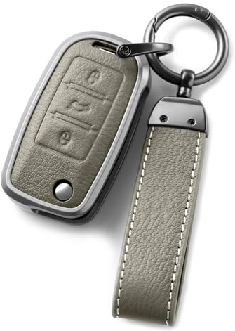 OATSBASF Autoschlüsselhülle Hülle 3-Tasten für VW Golf, Polo, Passat, Skoda, Seat – Leichtes Aluminium + Leder - Tasten – Luxuriöser Schutz, Haltbar & Haptisch Angenehm (grau)