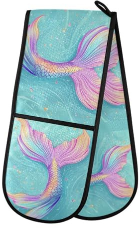 Quteprint Maniques doubles matelassées en forme de queue de sirène, résistants à la chaleur, 17,8 x 88,9 cm de long, pour pâtisserie, barbecue, barbecue et micro-ondes – Lavable en machine avec boucle