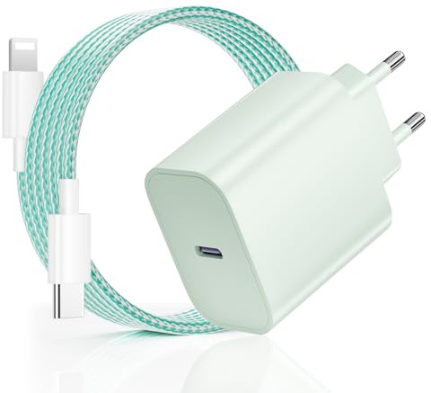 20W Cargador para iPhone Carga Rapida, USB C Cargador para iPhone 14 13, PD3.0 Enchufe con 2M Cable Lighting para Phone 14 Plus/14 Pro/14 Pro Max/13 12 11 SE XS MAX XR, para Pad - Verde