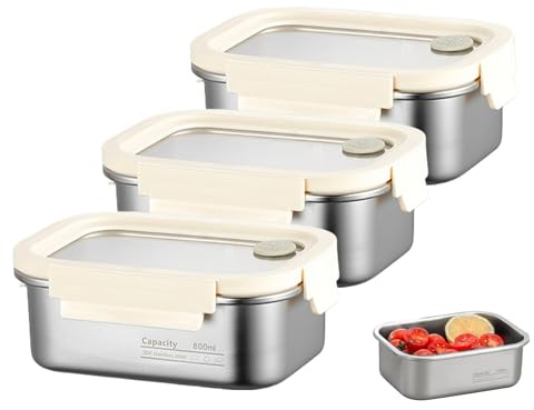 GOEDCH Set de 3 recipientes de acero inoxidable: recipiente de alimentos de 800ml con tapa, lunchbox a prueba de fugas, apto para lavavajillas y horno para cocina, oficina, congelador