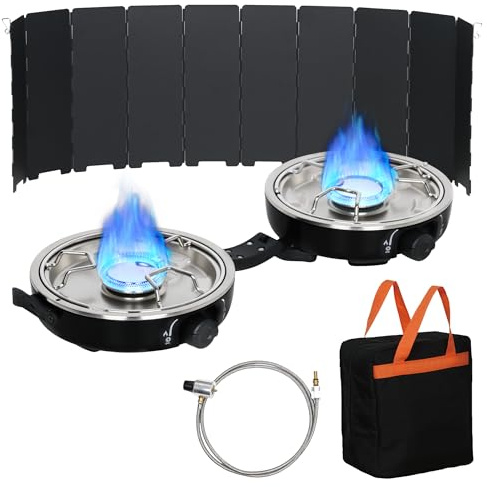 UNICCA Propane 2-Burner Camping Stove with Windscreen, Portable& Foldable Camping Stoves with Carry Bag, 20000 BTU Camp Stove with Adjustable Burners& Piezo Ignition for Camping& Outdoor (Black)