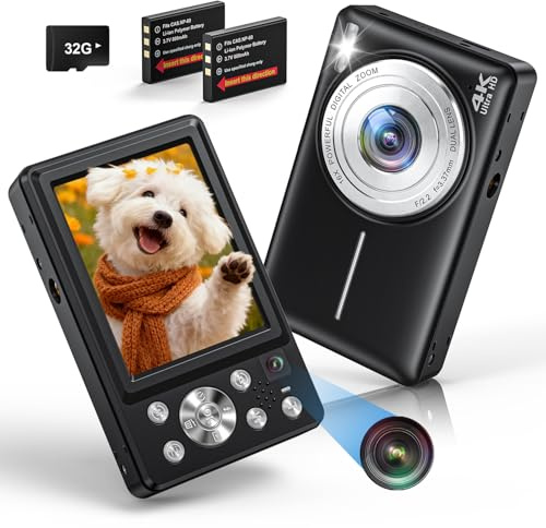 Cámara Digital 4K de 64 MP, Enfoque automático, cámara de Fotos Dual con Tarjeta de 32 GB, Zoom Digital de 16X, cámara Digital compacta con 2 baterías para Principiantes y Adolescentes