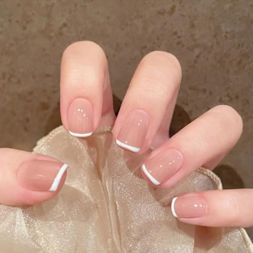 24 Stück French Press on Nails - Nude Künstliche Fingernägel Kurz - Nägel Zum Aufkleben Mit Dünne Französische Design - Full Cover Quadratisch Fake Nägel für Frauen ＆ Mädchen(Thin Nude French)