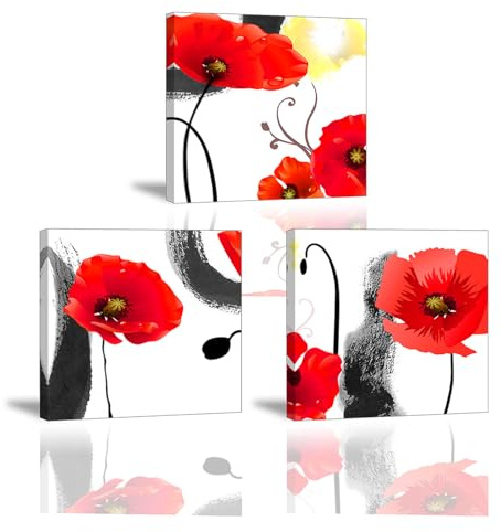 PIY PAINTING Set Di 3 Minimalista Canvas Quadri Soggiorno, Fiori Rossi Quadretti Da Parete, Stampe E Quadri Su Tela, Immagini Moderni Decorazione Da Parete Camera Da Letto Cucina Bagno 30X30 cm